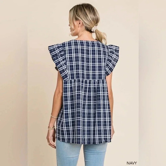 Women’s Navy Ruffle Plaid V Neck Top - Picture 4 of 5